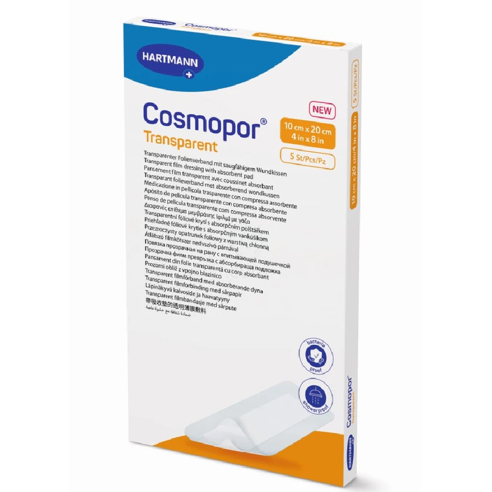 Cosmopor Transparent, sterilen prozorni obliž z vpojno blazinico - 10 x 20 cm (5 obližev)