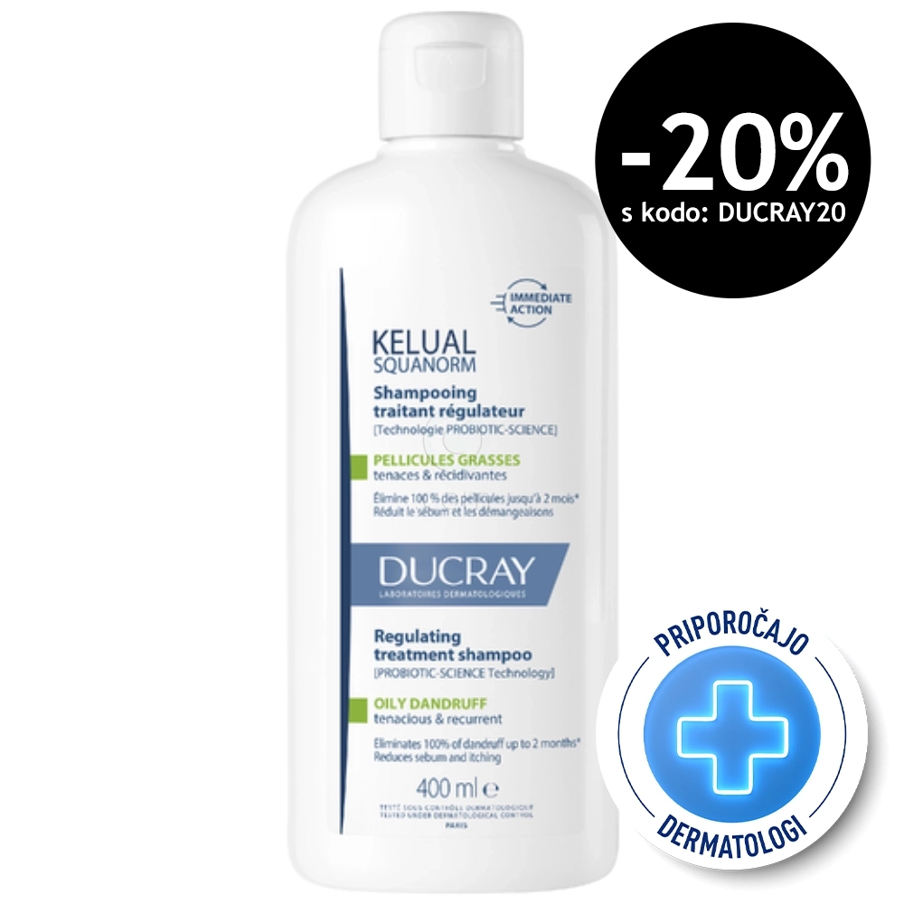 Ducray Kelual Squanorm, regulirajoči tretma šampon proti mastnemu prhljaju (400 ml)