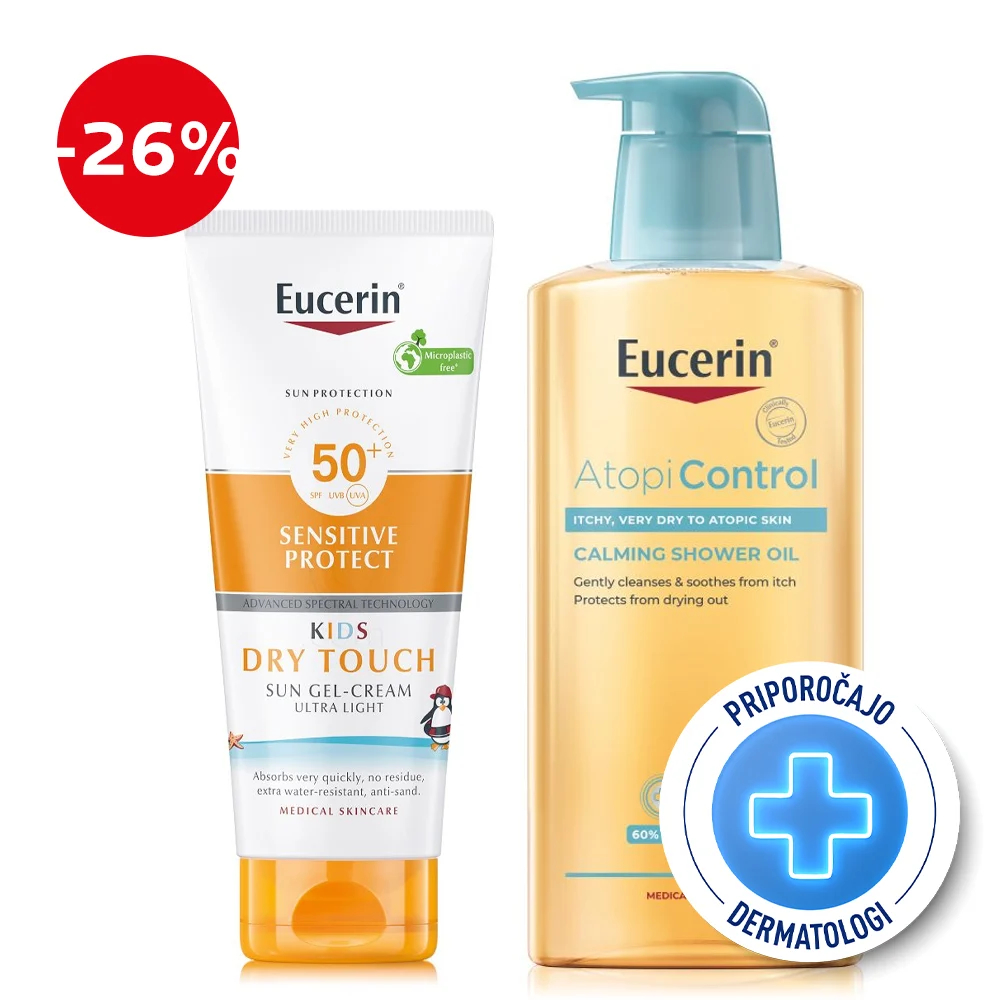 Eucerin Sun in Atopicontrol, rutina - Kids Dry Touch ZF50+ + čistilno olje (200 ml + 400 ml)