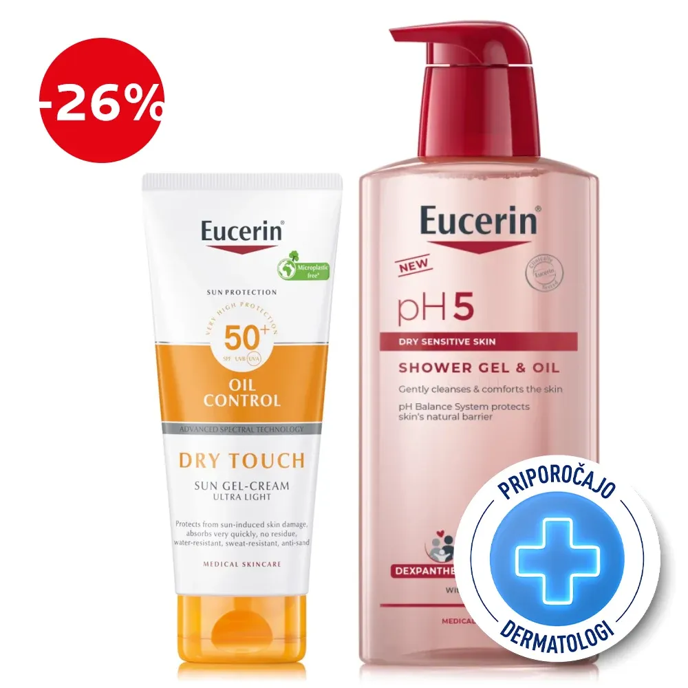 Eucerin Sun in pH5, rutina - Oil Control kremni gel - ZF50+ + Oljni gel za prhanje (200 ml + 400 ml)