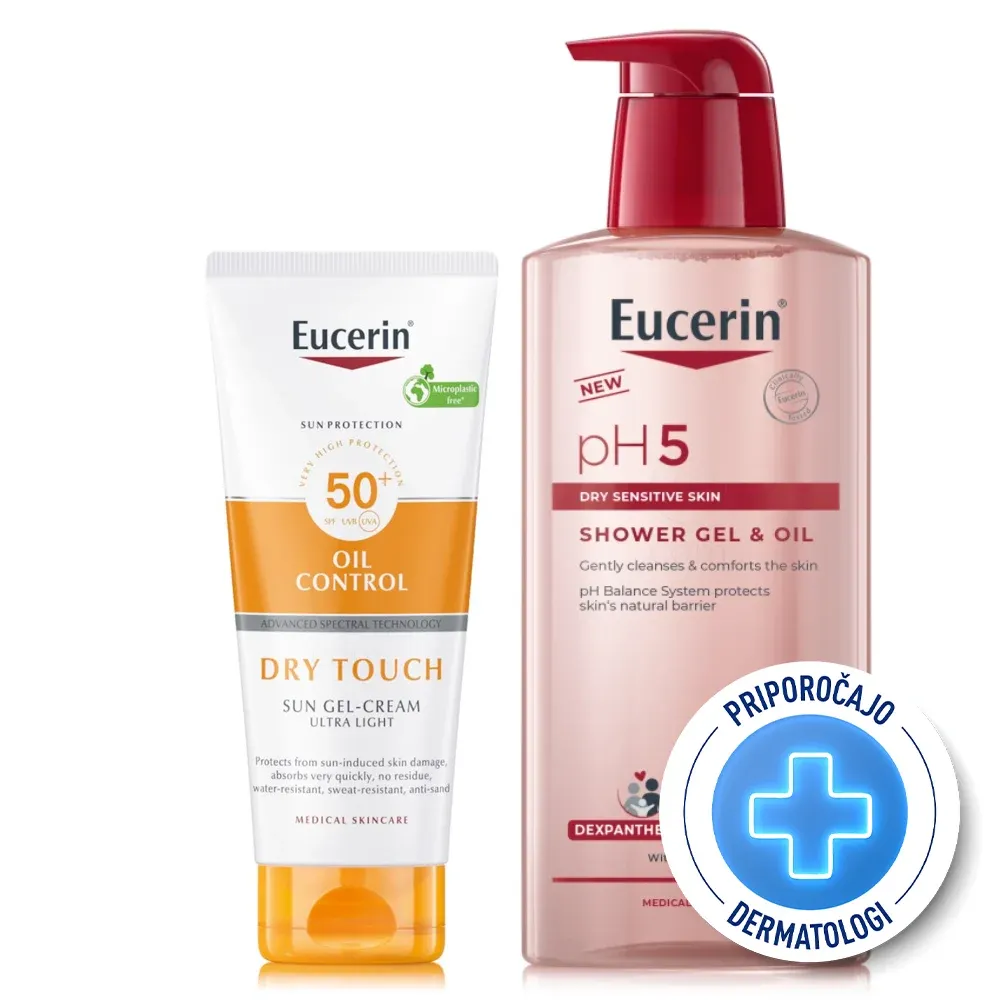 Eucerin Sun in pH5, rutina - Oil Control kremni gel - ZF50+ + Oljni gel za prhanje (200 ml + 400 ml)