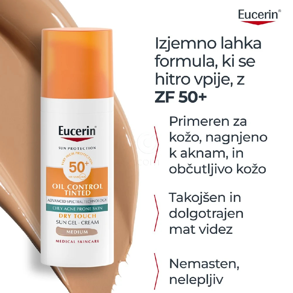 Eucerin Sun Oil Control, obarvan kremni gel za zaščito obraza odtenek Medium - ZF50+ (50 ml)
