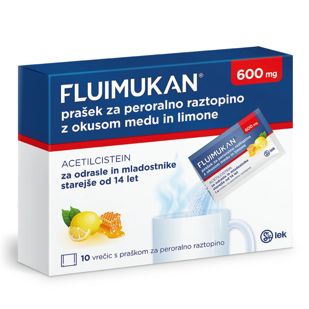 Fluimukan 600 mg, prašek za peroralno raztopino z okusom medu in limone (10 x 3 g)