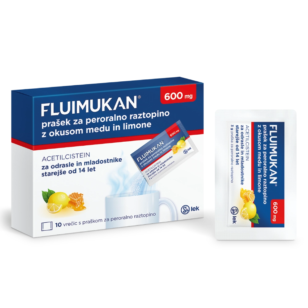 Fluimukan 600 mg, prašek za peroralno raztopino z okusom medu in limone (10 x 3 g)