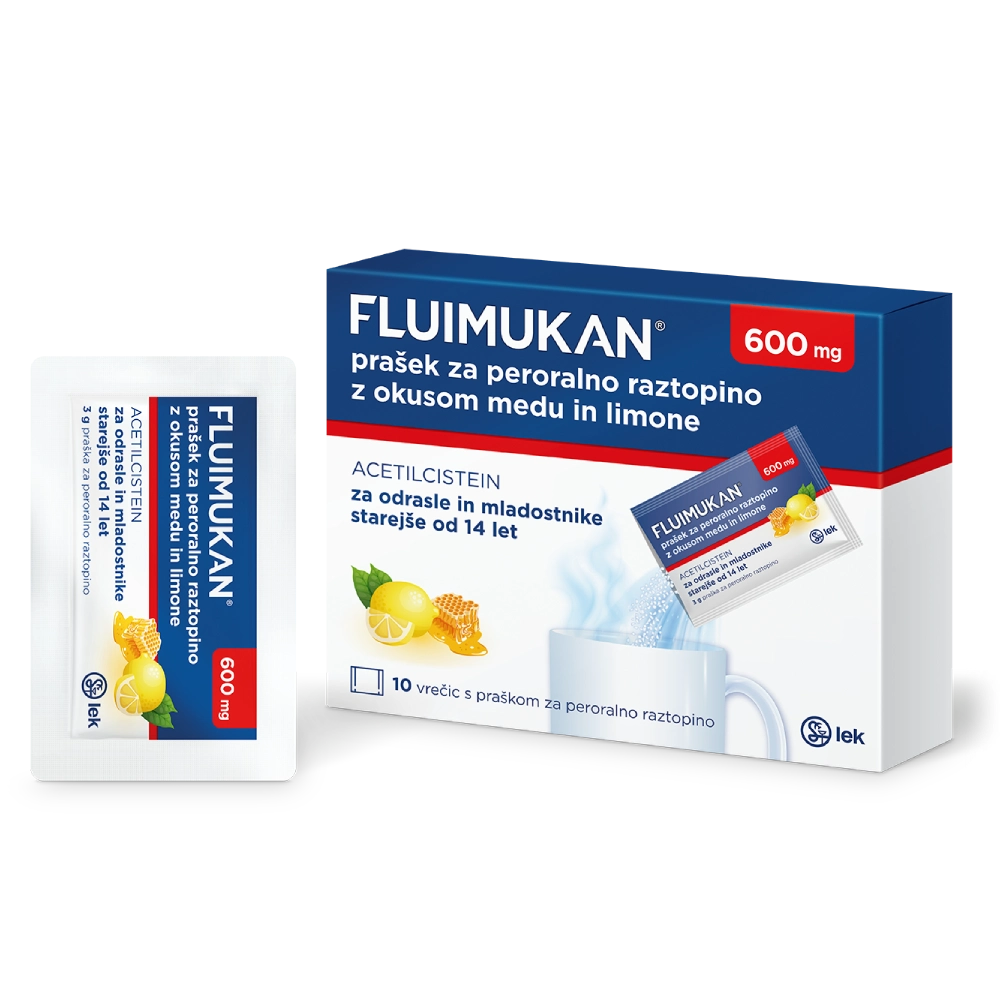 Fluimukan 600 mg, prašek za peroralno raztopino z okusom medu in limone (10 x 3 g)