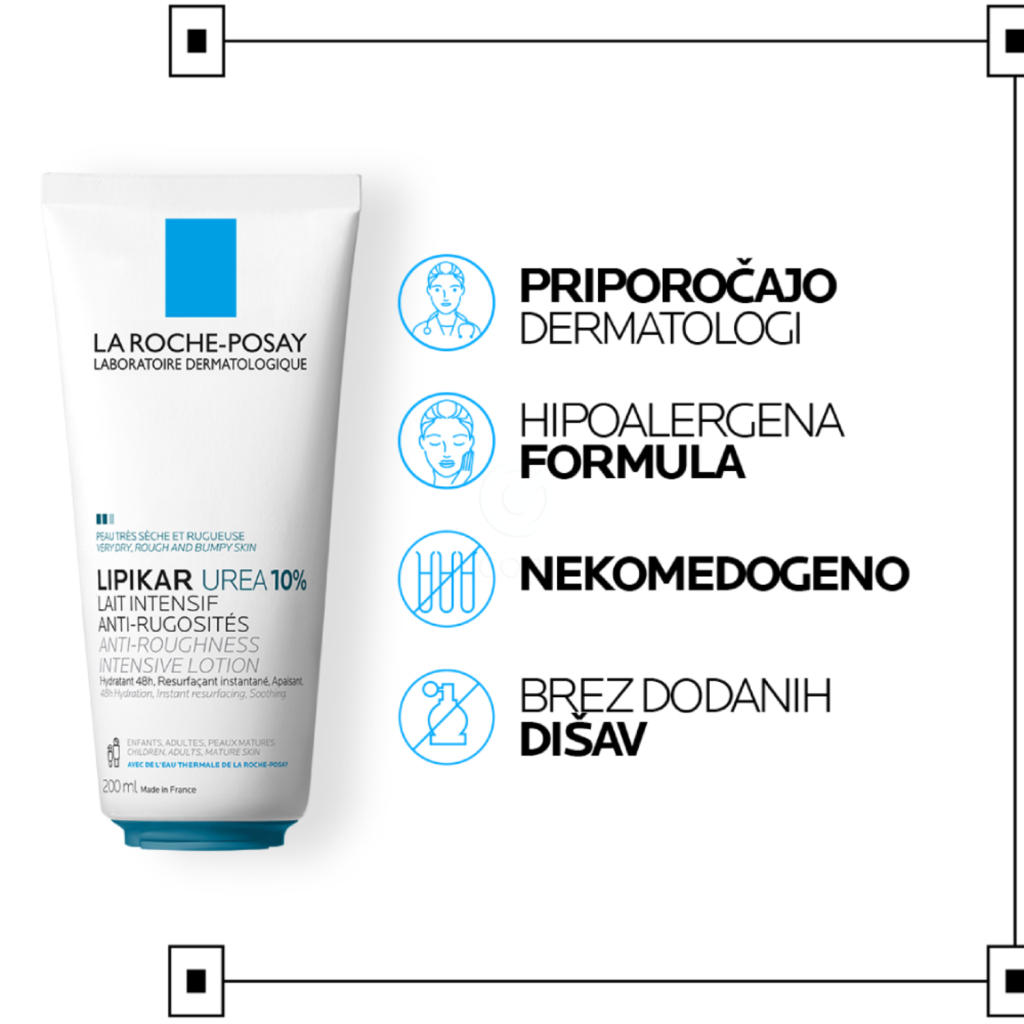 LRP Lipikar Lait Urea 10%, vlažilni losjon s trojnim učinkom za glajenje in pomiritev zelo suhe ter grobe kože (200 ml)