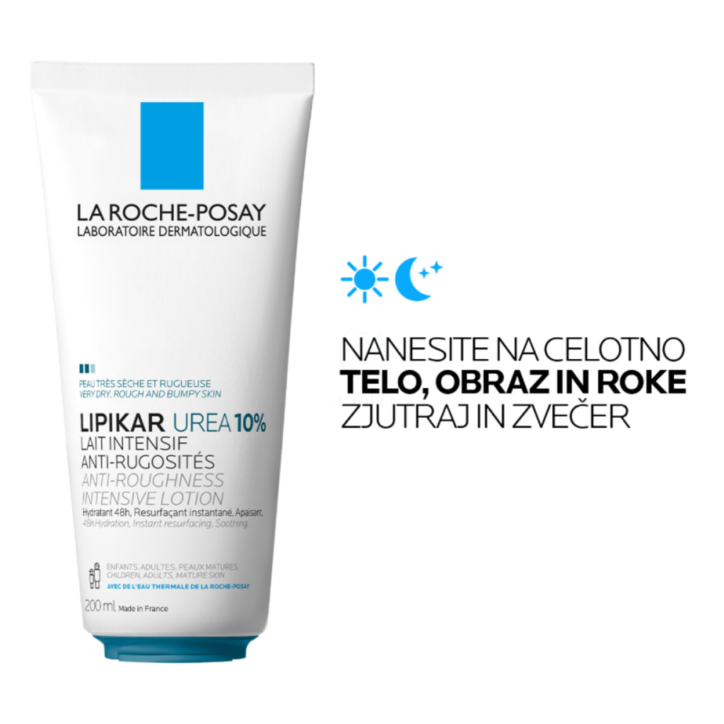 LRP Lipikar Lait Urea 10%, vlažilni losjon s trojnim učinkom za glajenje in pomiritev zelo suhe ter grobe kože (200 ml)
