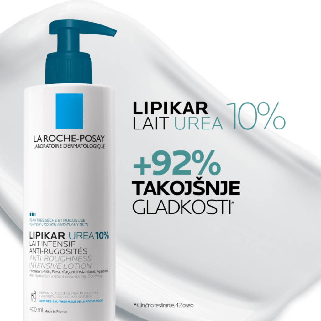 LRP Lipikar Lait Urea 10%, vlažilni losjon s trojnim učinkom za glajenje in pomiritev zelo suhe ter grobe kože (400 ml)