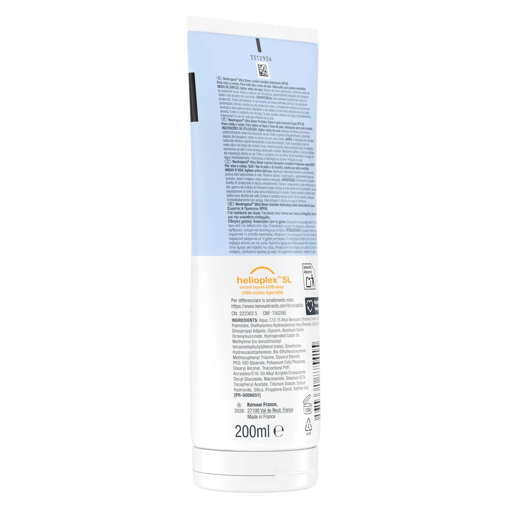 Neutrogena Ultra Sheer, nevidni vlažilni losjon za zaščito pred soncem za telo in obraz - ZF50 (200 ml)