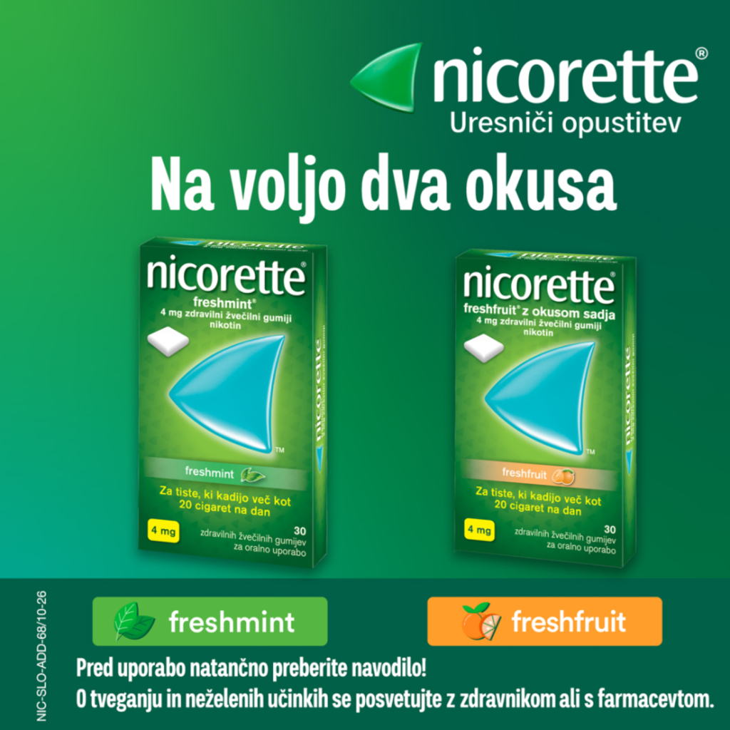 Nicorette Freshfruit z okusom sadja, 2 mg zdravilni žvečilni gumiji (30 žvečilnih gumijev)