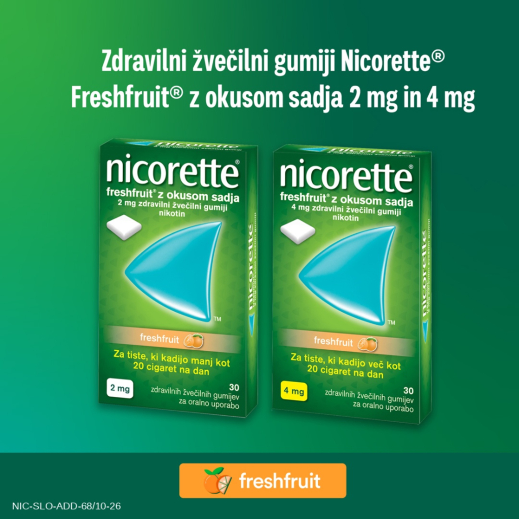 Nicorette Freshfruit z okusom sadja, 2 mg zdravilni žvečilni gumiji (30 žvečilnih gumijev)