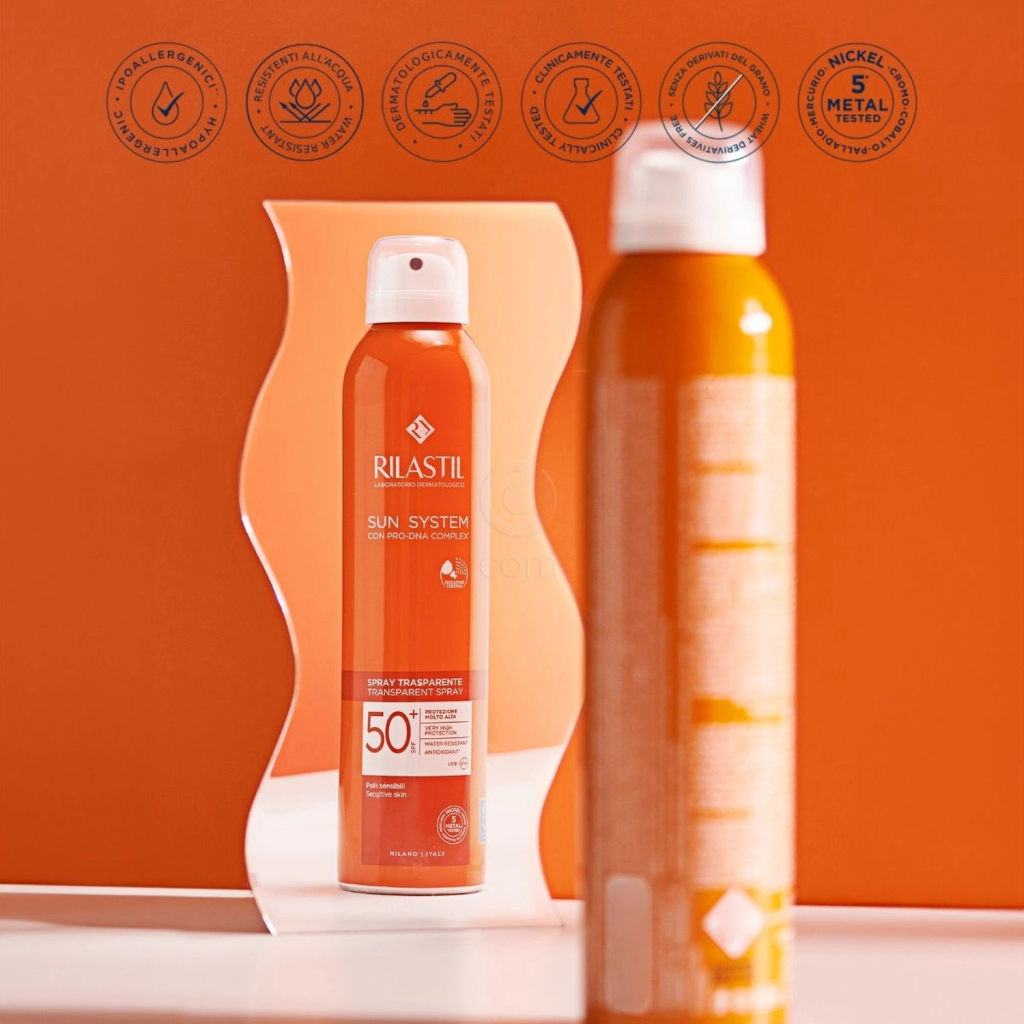 Rilastil Sun System, transparentno zaščitno pršilo za zaščito pred soncem za telo - ZF50+ (200 ml)