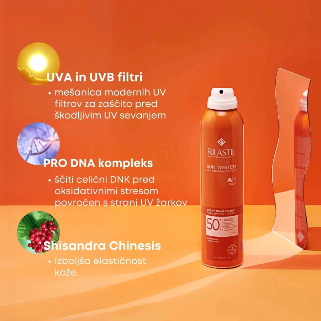 Rilastil Sun System, transparentno zaščitno pršilo za zaščito pred soncem za telo - ZF50+ (200 ml)