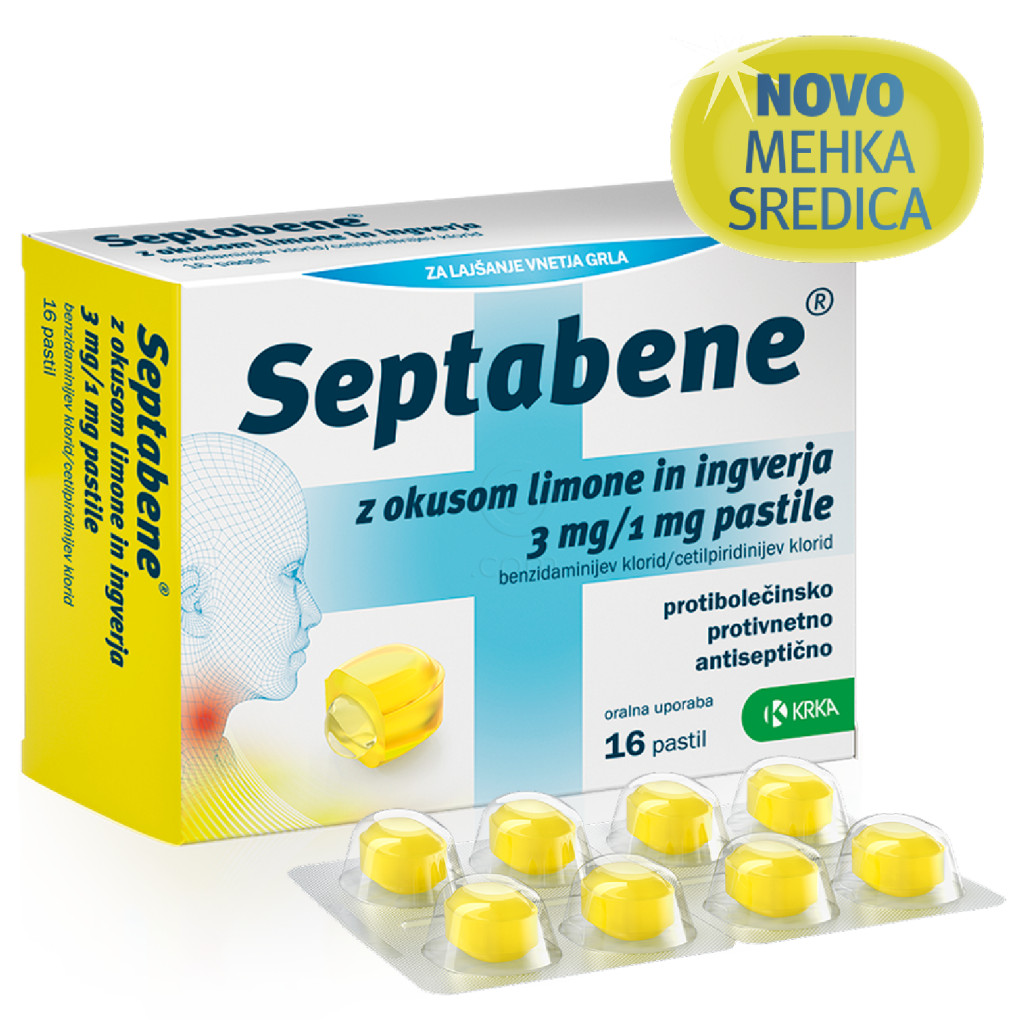 Septabene Krka, pastile z okusom limone in ingverja 3 mg/1 mg (16 pastil)