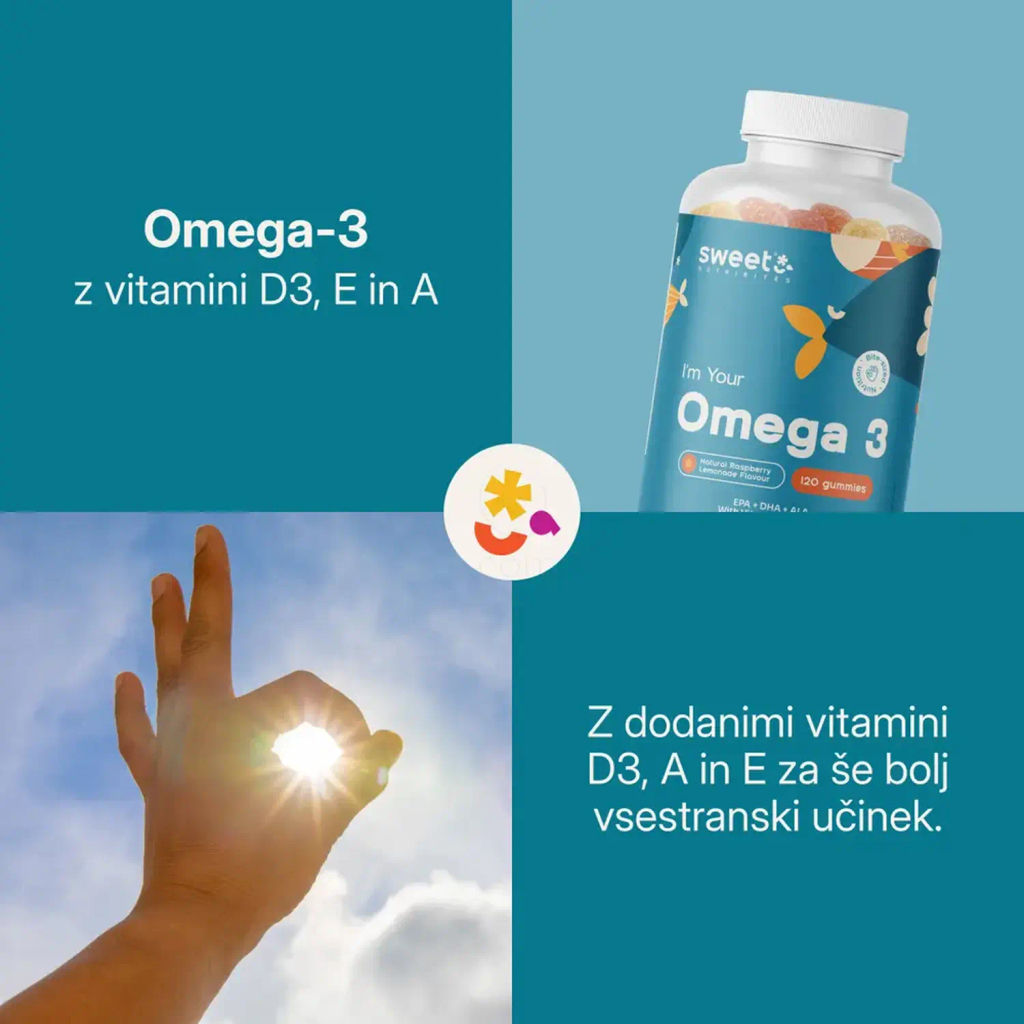 Sweet Nutribites Omega-3 z vitamini D3, E in A, gumi bonboni (120 gumi bonbonov)