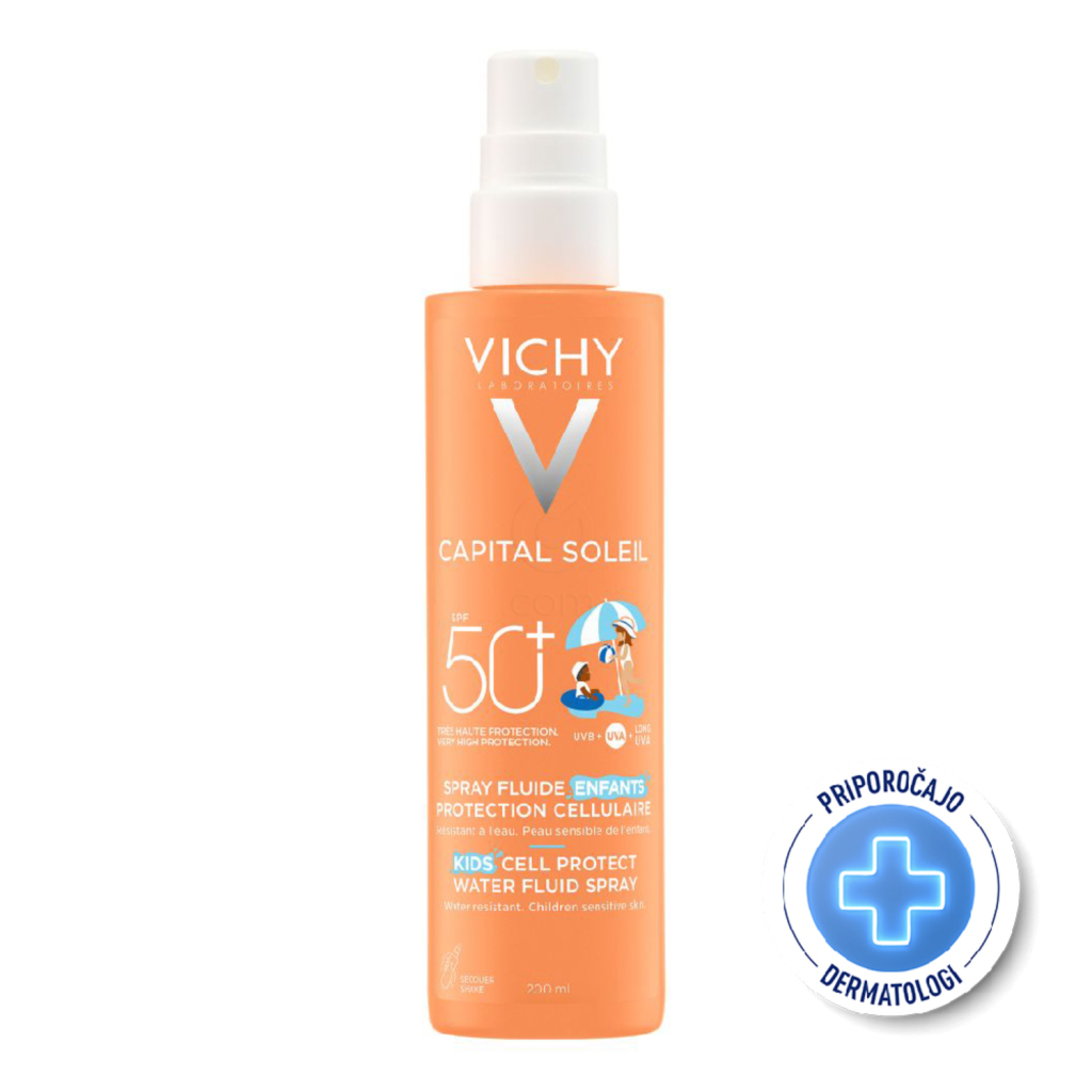 Vichy Capital Soleil, otroški fluid na vodni osnovi v pršilu za zaščito kožnih celic - ZF50+ (200 ml)