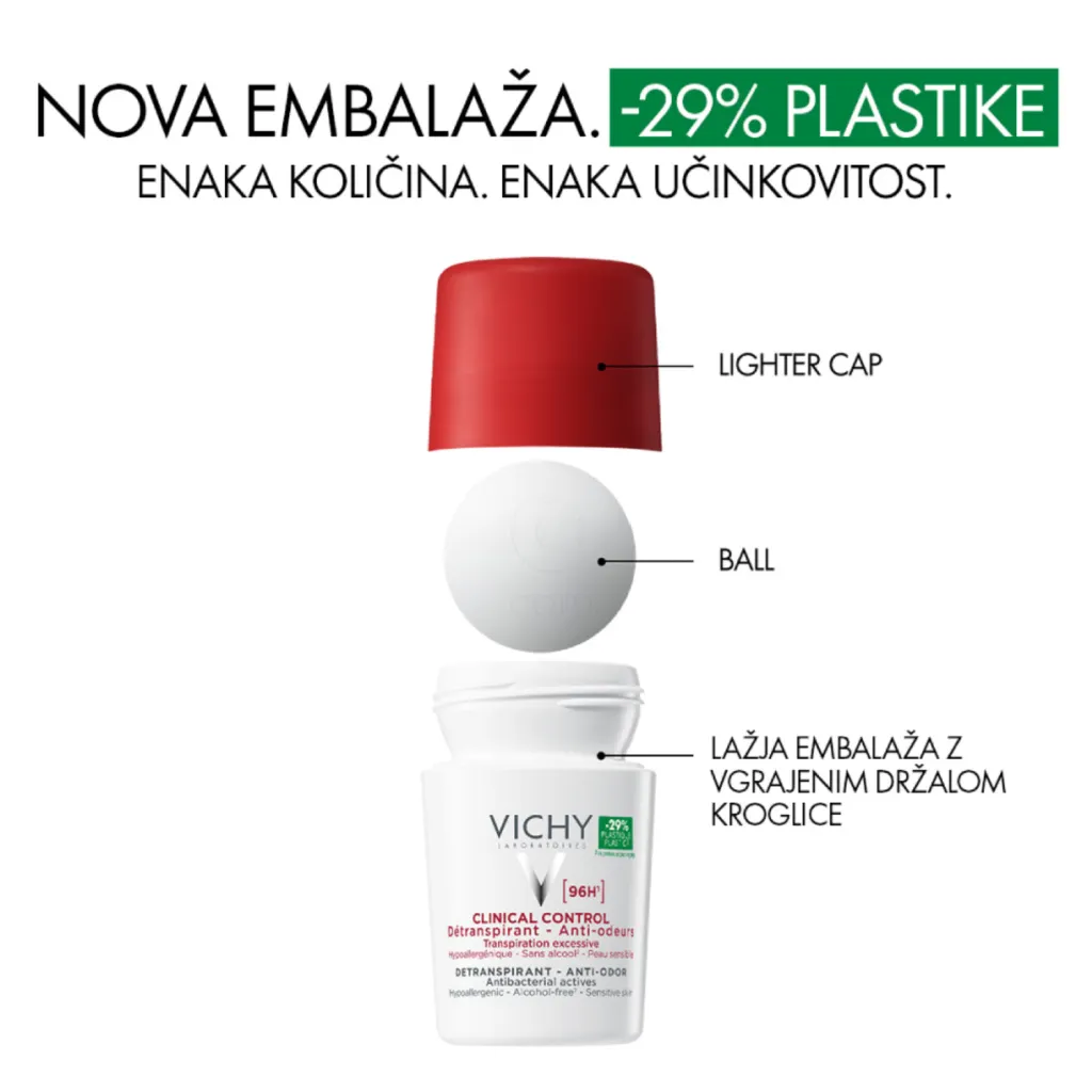 Vichy Clinical Control 96h Detranspirant, roll-on dezodorant proti neprijetnemu vonju (50 ml)
