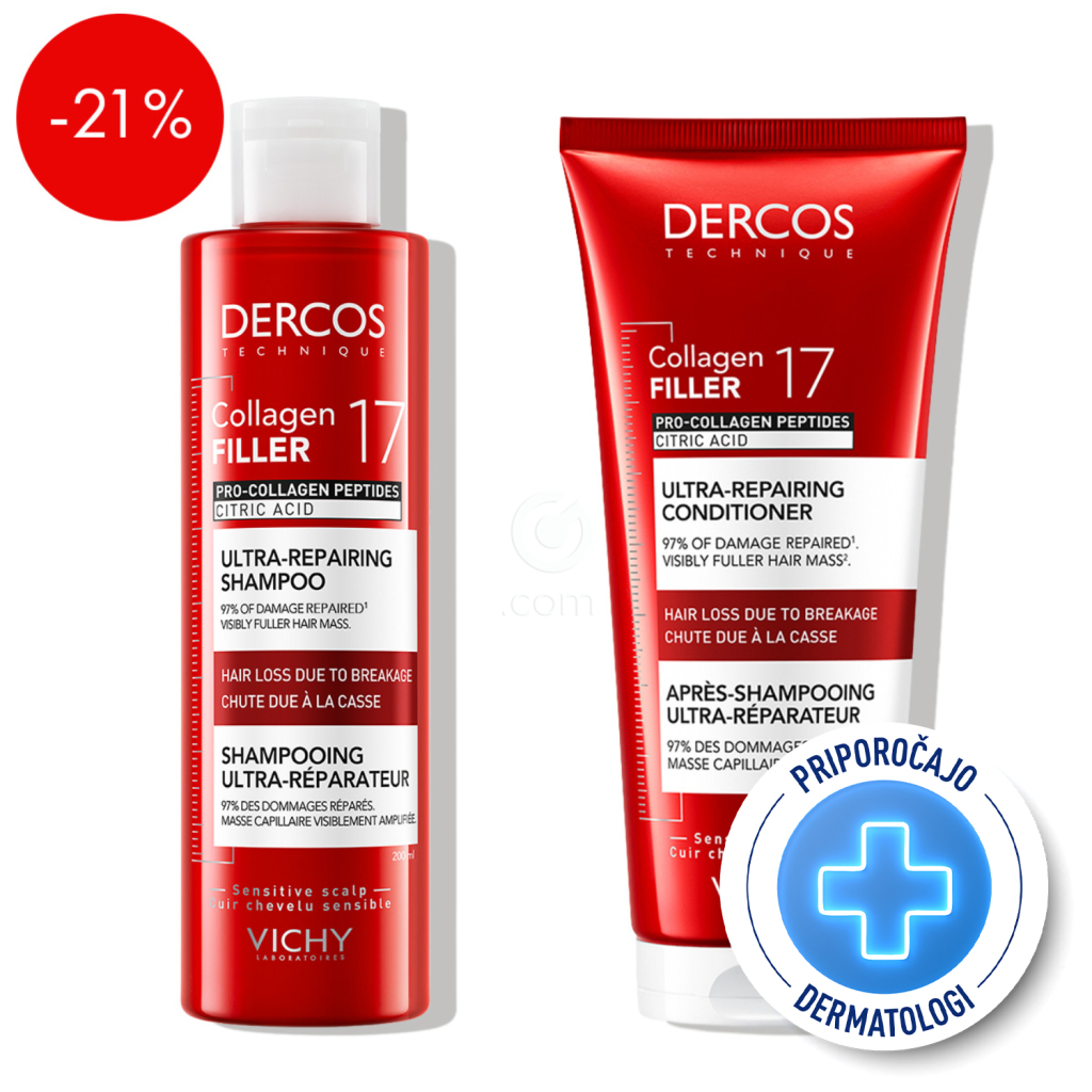 Vichy Dercos Collagen 17 Filler, protokol za obnovo in krepitev poškodovanih las (200 + 200 ml)
