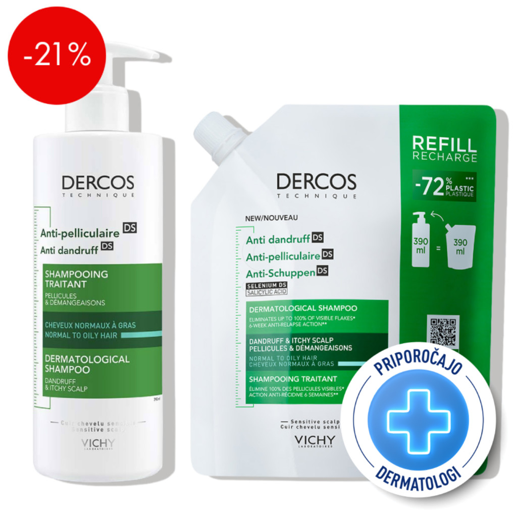 Vichy Dercos, protokol - šampon proti prhljaju za mastno lasišče + eko polnilo (2 x 390 ml)
