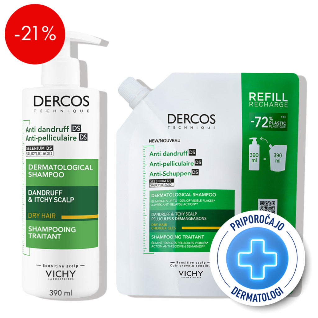 Vichy Dercos, protokol - šampon proti prhljaju za suho lasišče + eko polnilo (2 x 390 ml)