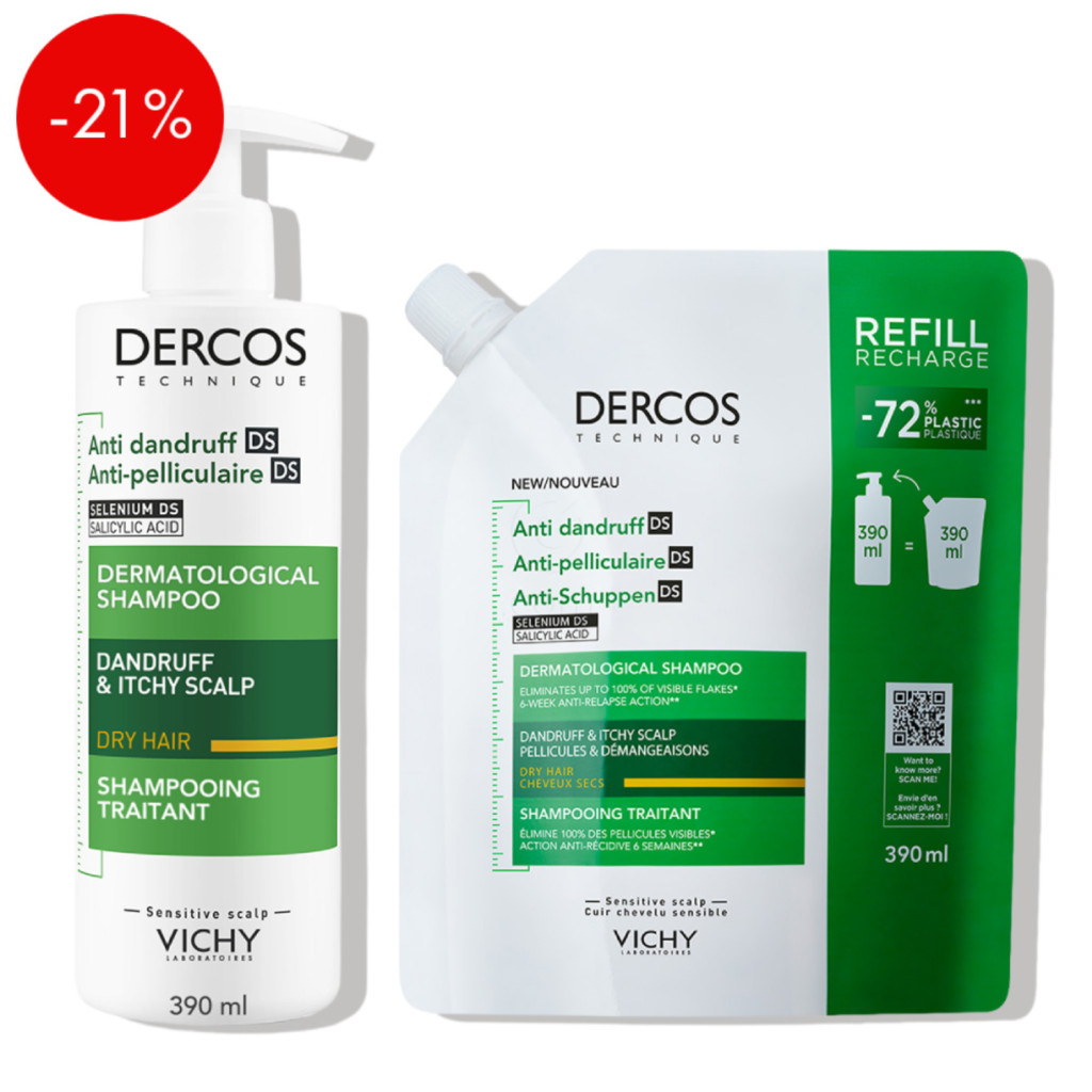 Vichy Dercos, protokol - šampon proti prhljaju za suho lasišče + eko polnilo (2 x 390 ml)