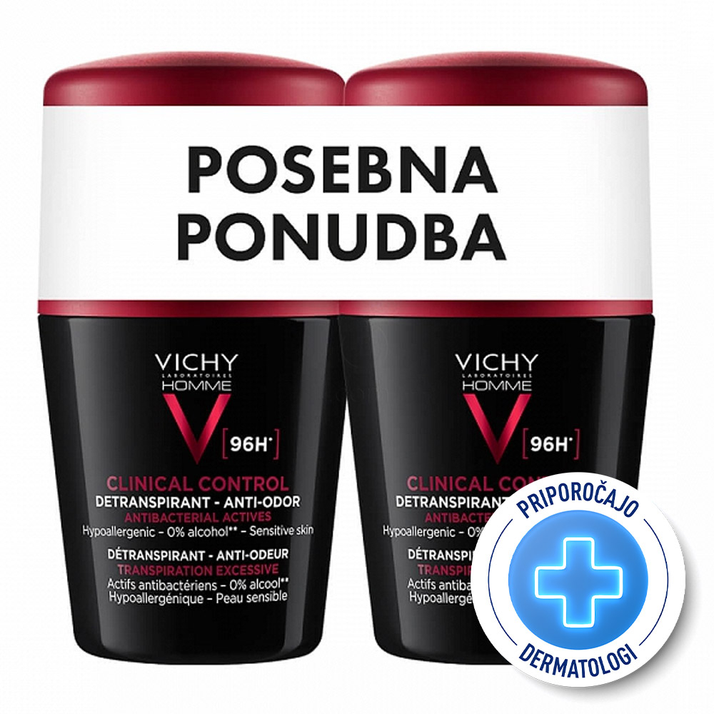 Vichy Homme Clinical Control 96h, detranspirant roll-on proti neprijetnemu vonju - paket (2 x 50 ml)