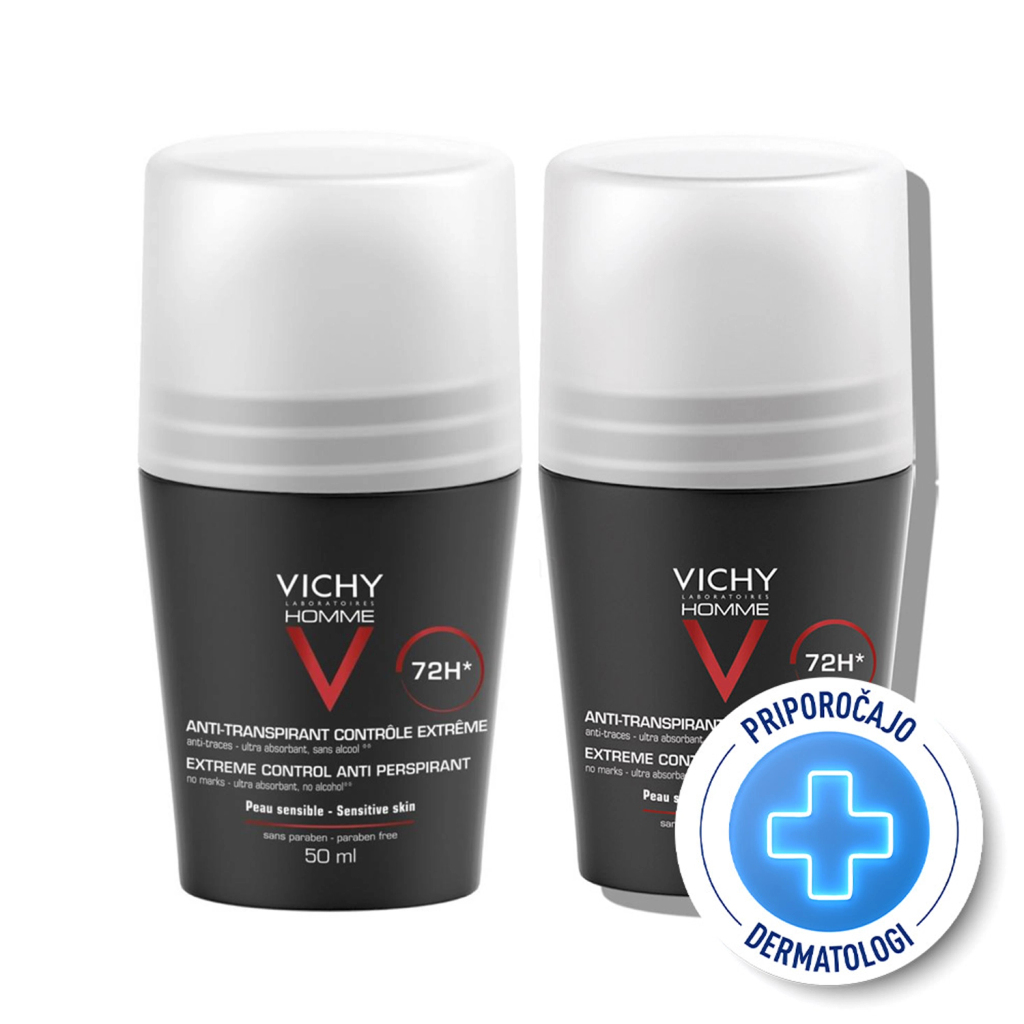 Vichy Homme Deo-Duo, protokol antiperspirant roll-on za zaščito do 72 ur (2 x 50 ml)