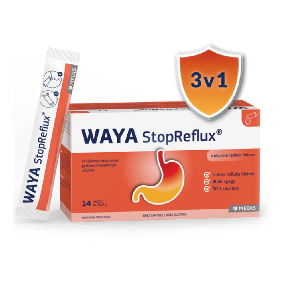 Waya StopReflux, tekoča peroralna suspenzija za lajšanje simptomov gastroezofagealnega refulksa - vrečke (14 vrečk)