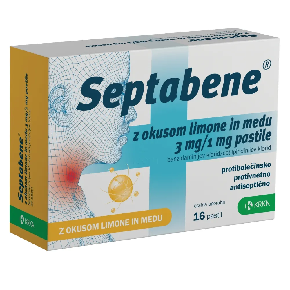 Septabene Krka, pastile z okusom limone in medu 3 mg/1 mg (16 pastil)
