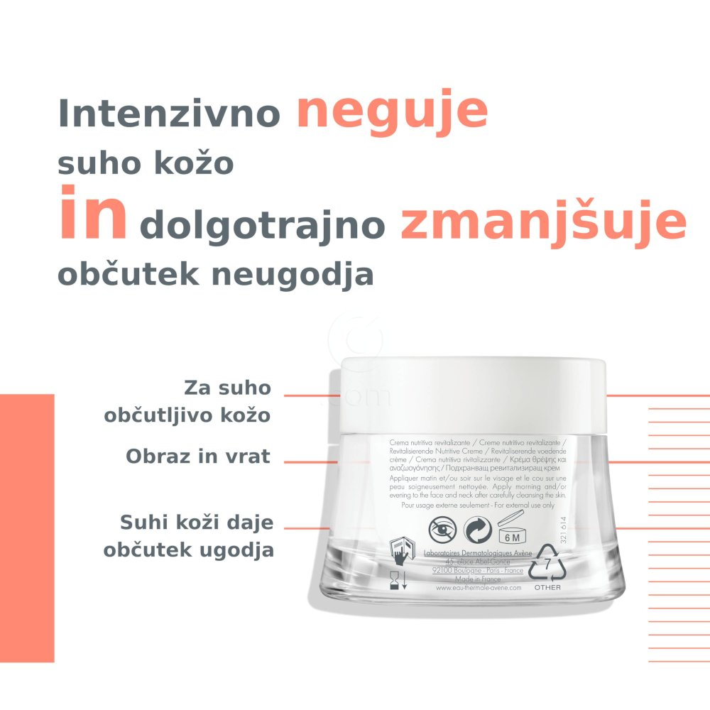 Avene, hranljiva revitalizirajoča krema za suho občutljivo kožo (50 ml)