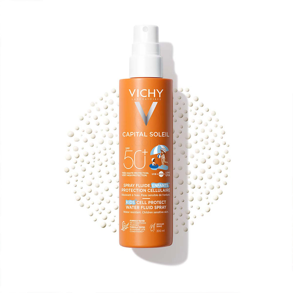 Vichy Capital Soleil, otroški fluid na vodni osnovi v pršilu za zaščito kožnih celic - ZF50+ (200 ml)