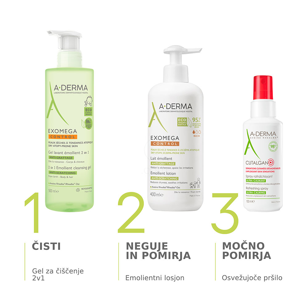 A-Derma Exomega Control, emolientni čistilni gel 2v1 za atopijsko kožo (500 ml)