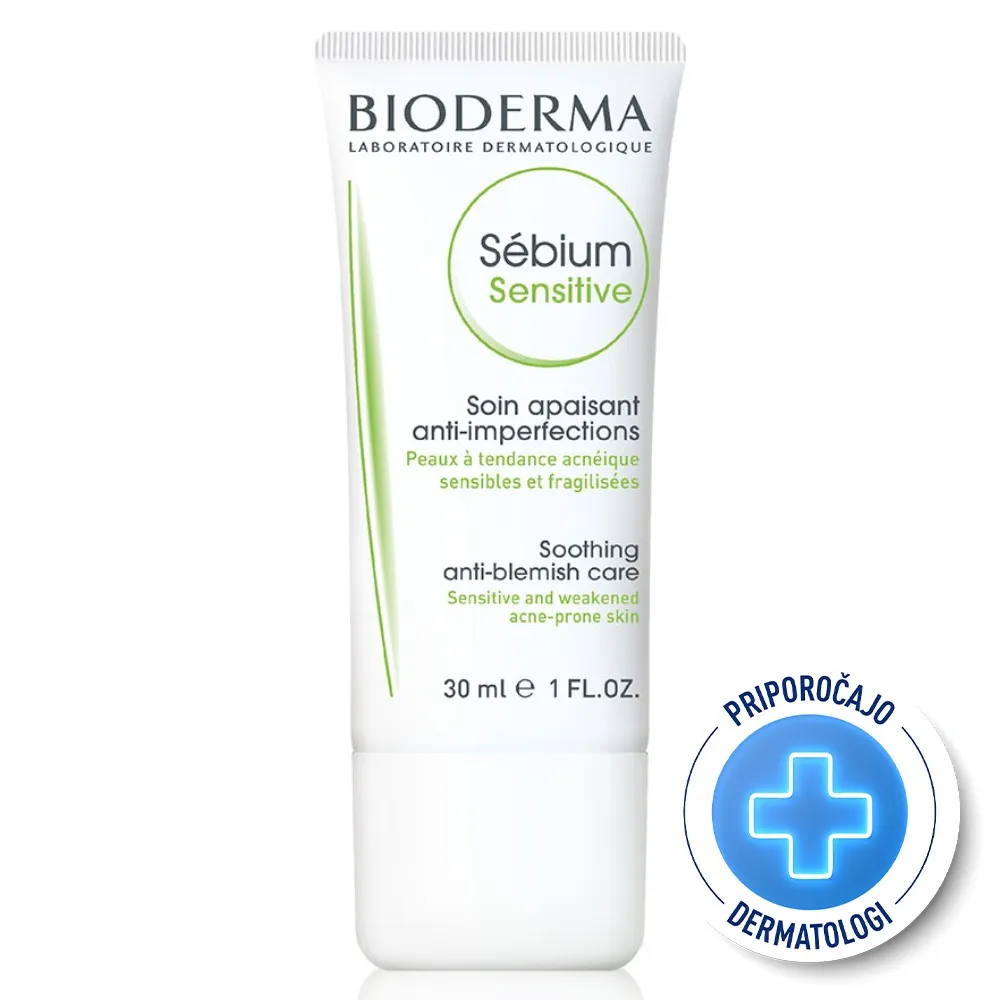 Bioderma Sebium Sensitive, pomirjujoča nega za občutljivo, k aknam nagnjeno kožo (30 ml)