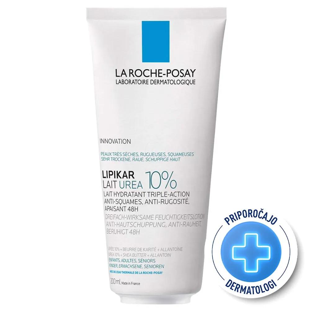 LRP Lipikar Lait Urea 10%, vlažilni losjon s trojnim učinkom za glajenje in pomiritev zelo suhe ter grobe kože (200 ml)