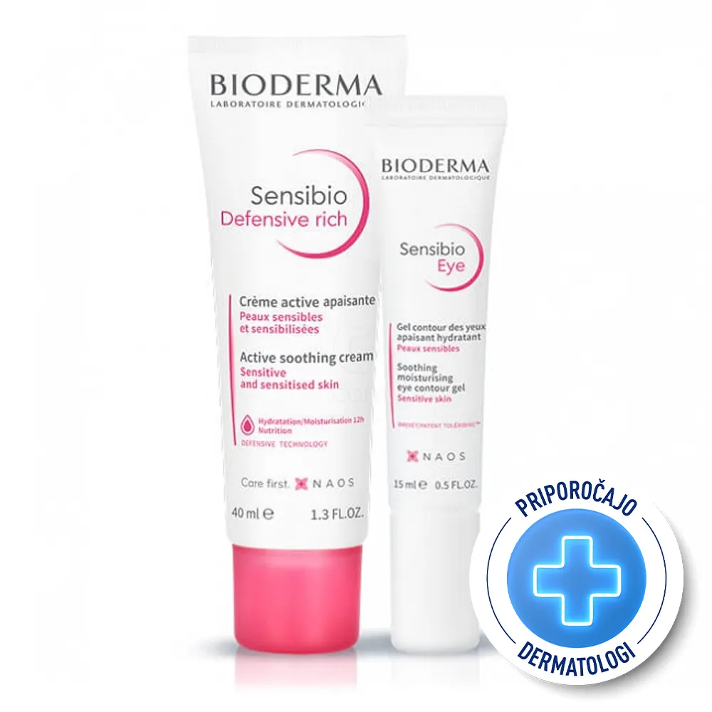 Bioderma Sensibio, paket za občutljivo kožo - Defensive Rich bogata krema + gel za okoli oči (40 ml + 15 ml)