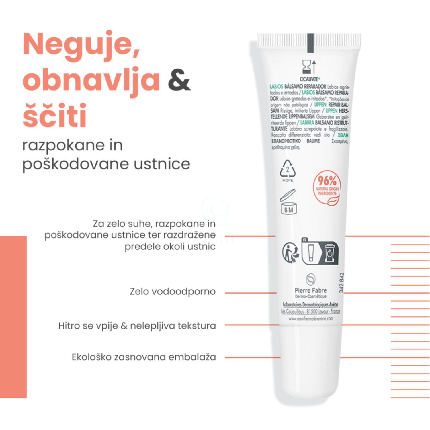Avène Cicalfate+, obnavljajoči balzam za ustnice (12 ml)