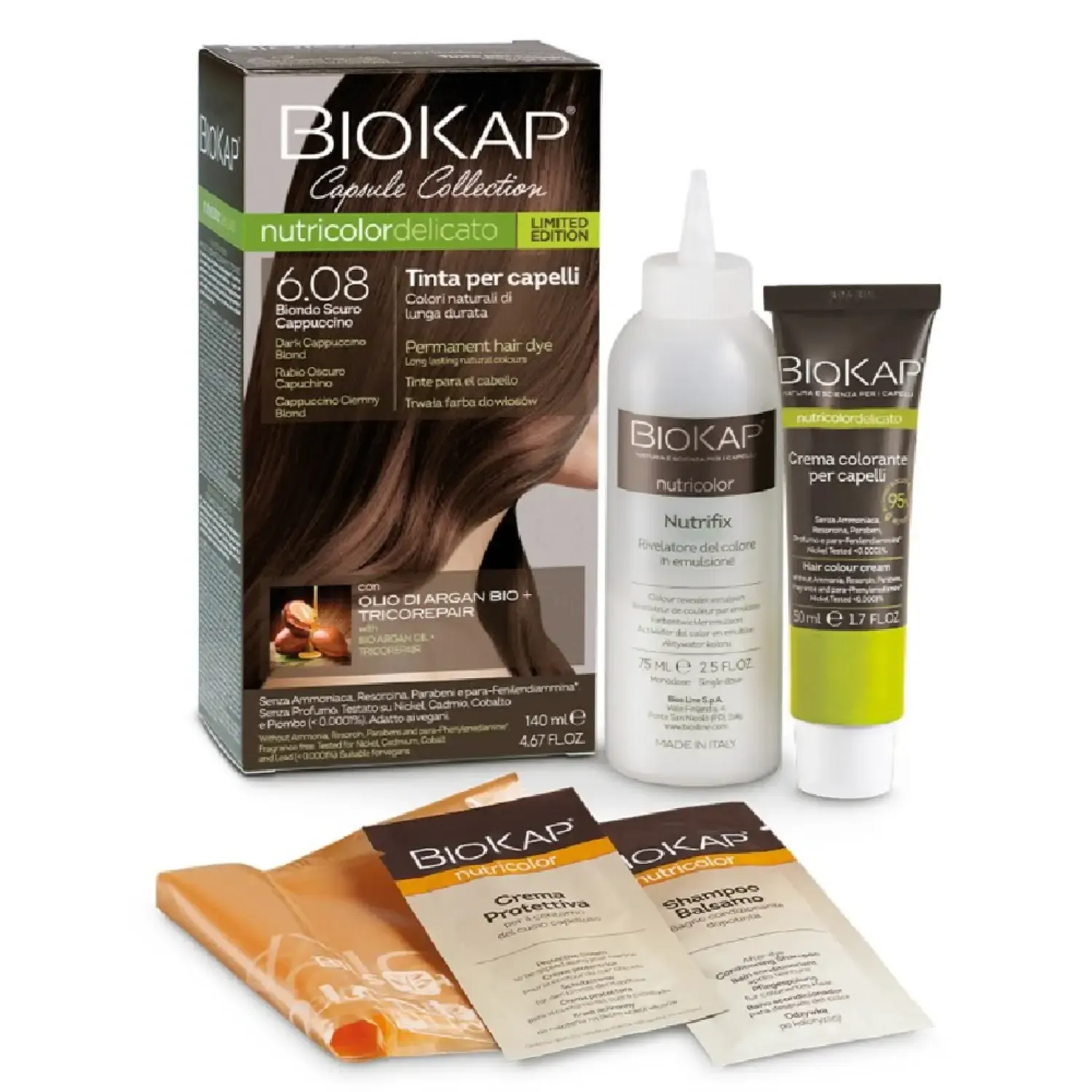 BioKap Nutricolor Delicato 6.08, set za hitro barvanje las - temno kapučino blond (1 set)