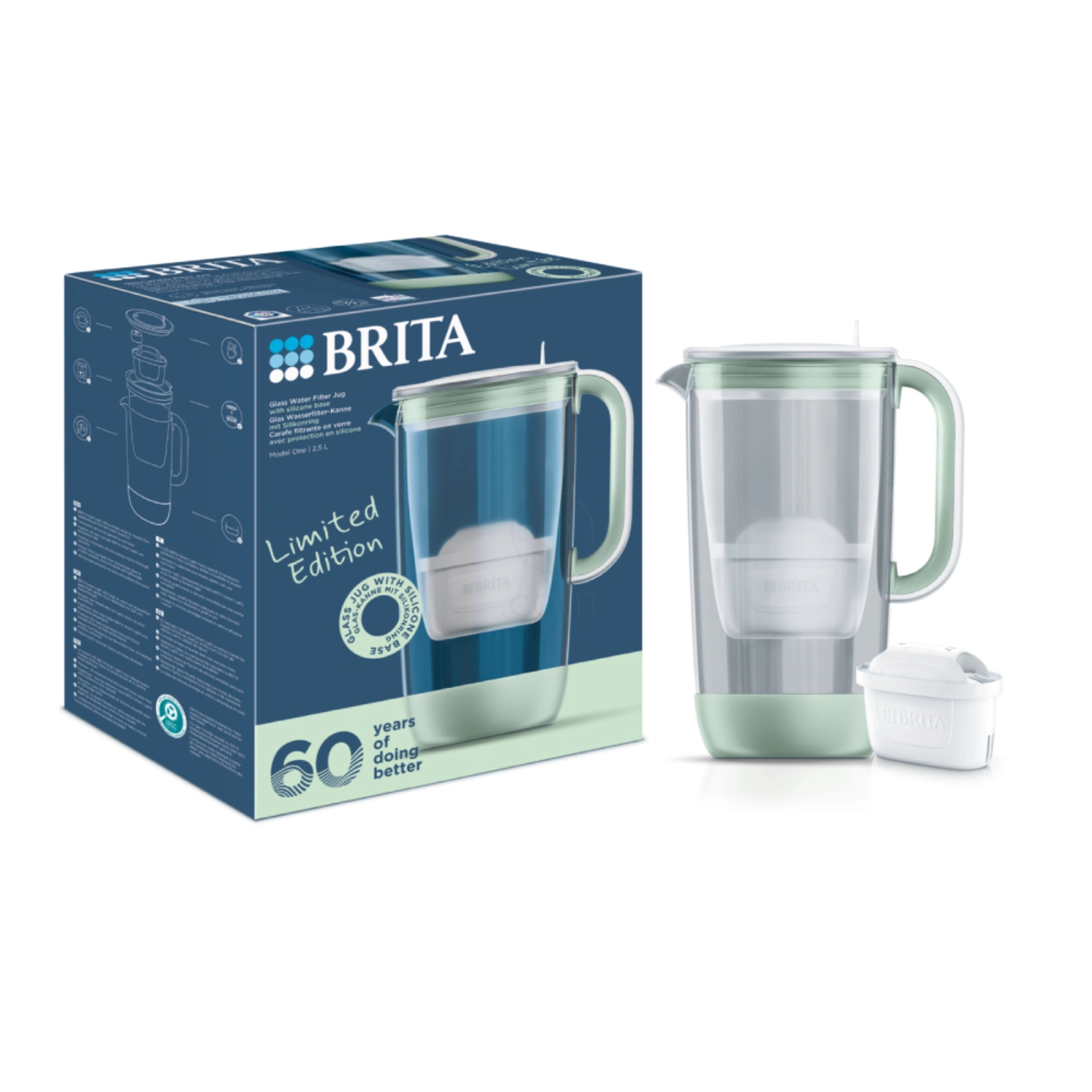 Brita Glass One 60th Anniversary Edition, stekleni vrč za filtriranje vode - zelen - 2,5 l (1 komplet)