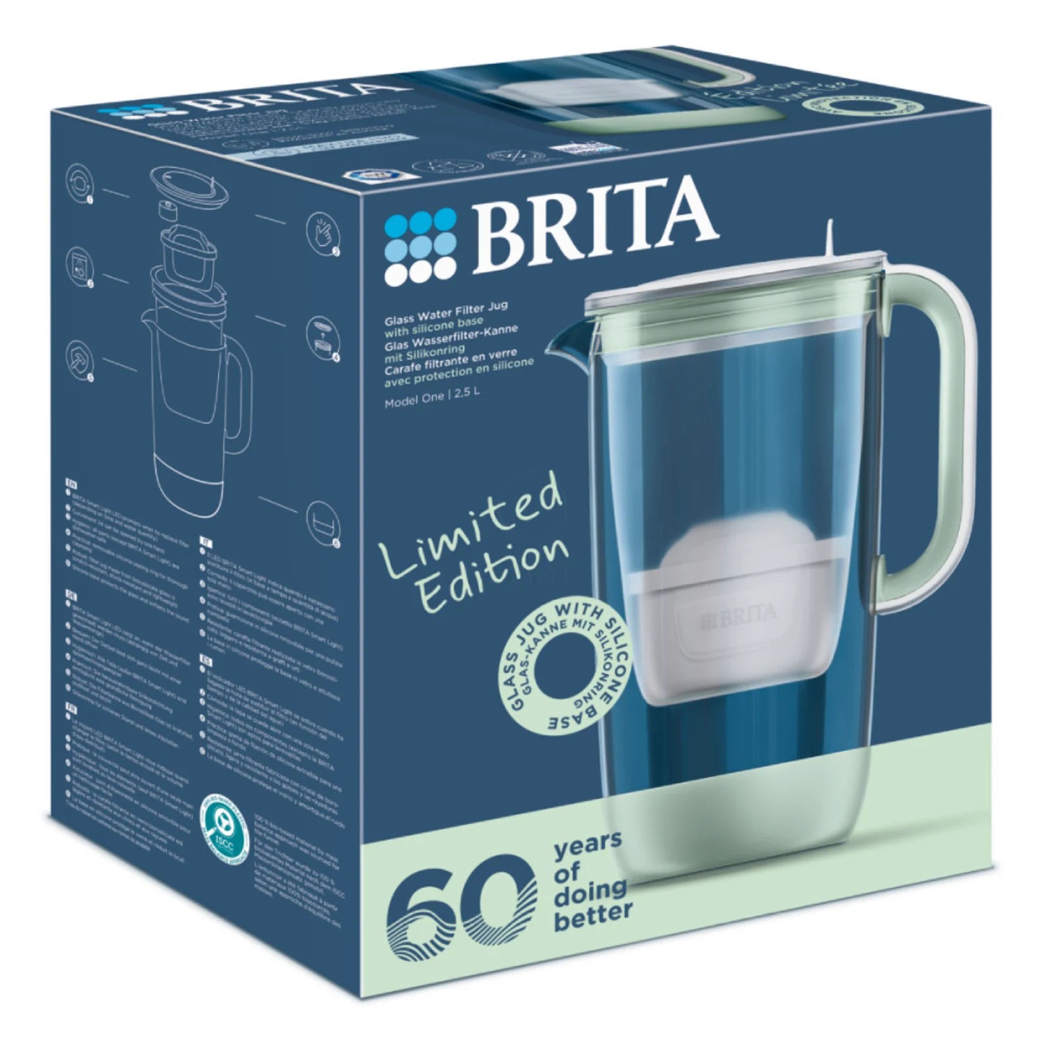 Brita Glass One 60th Anniversary Edition, stekleni vrč za filtriranje vode - zelen - 2,5 l (1 komplet)