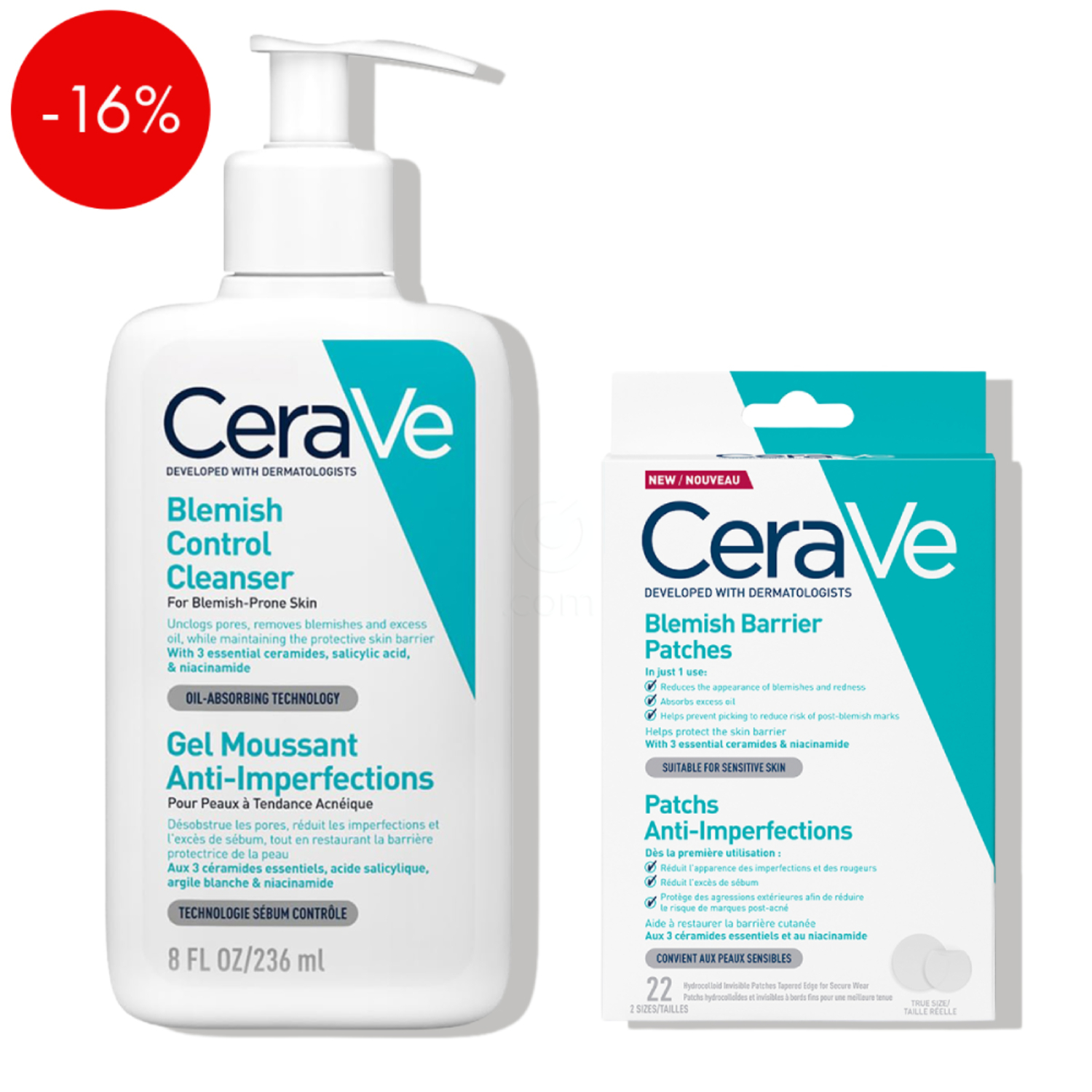 CeraVe SOS, rutina za zmanjšanje aken in nepravilnosti (236 ml + 22 obližev)