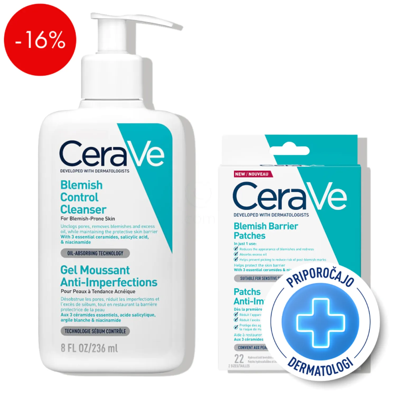 CeraVe SOS, rutina za zmanjšanje aken in nepravilnosti (236 ml + 22 obližev)
