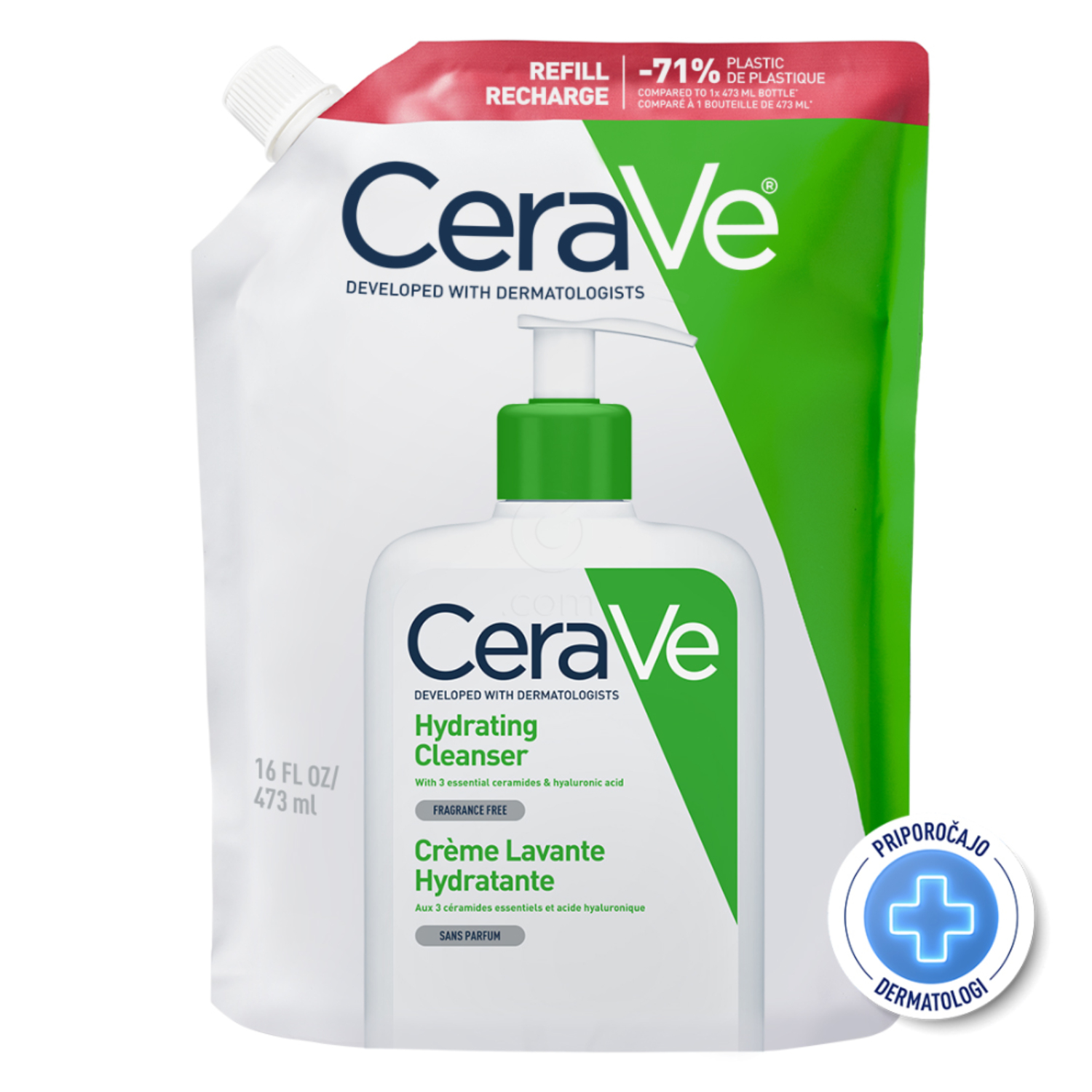 CeraVe, vlažilna čistilna emulzija za obraz za normalno do suho kožo - Refill (473 ml)