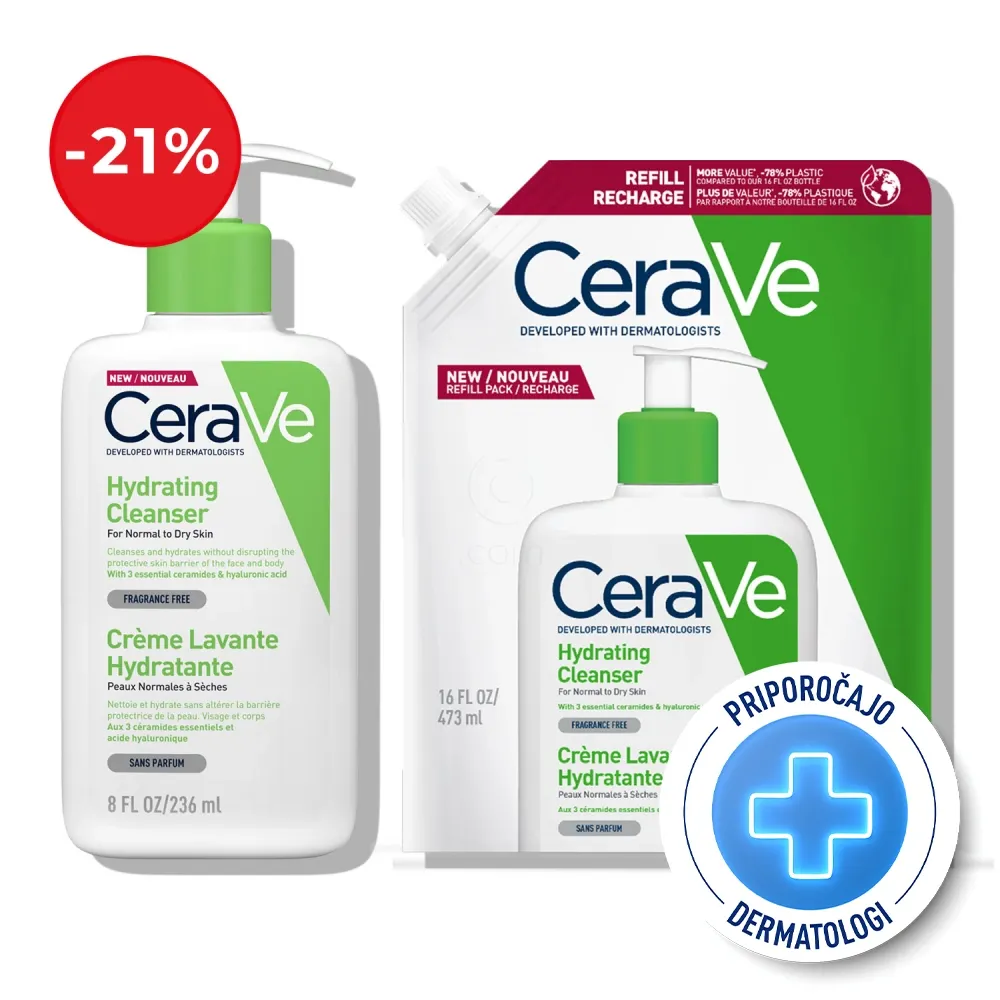 CeraVe, protokol vlažilna čistilna emulzija za obraz za normalno do suho kožo (236 ml + 473 ml)