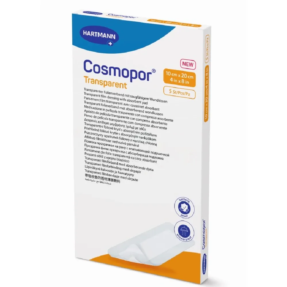 Cosmopor Transparent, sterilen prozorni obliž z vpojno blazinico - 10 x 20 cm (5 obližev)