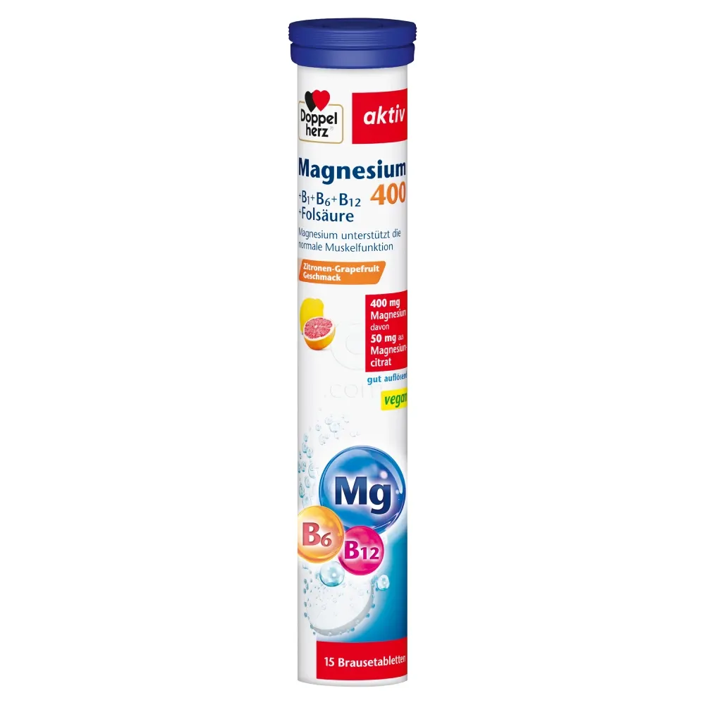 Doppelherz Aktiv Magnezij 400 + B Vitamini + Folna kislina, šumeče tablete (15 tablet)