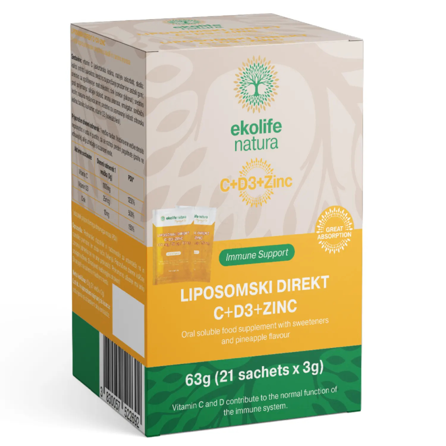Ekolife Natura Liposomski Direkt C+D3+Cink, prašek v vrečkah (21 x 3 g)