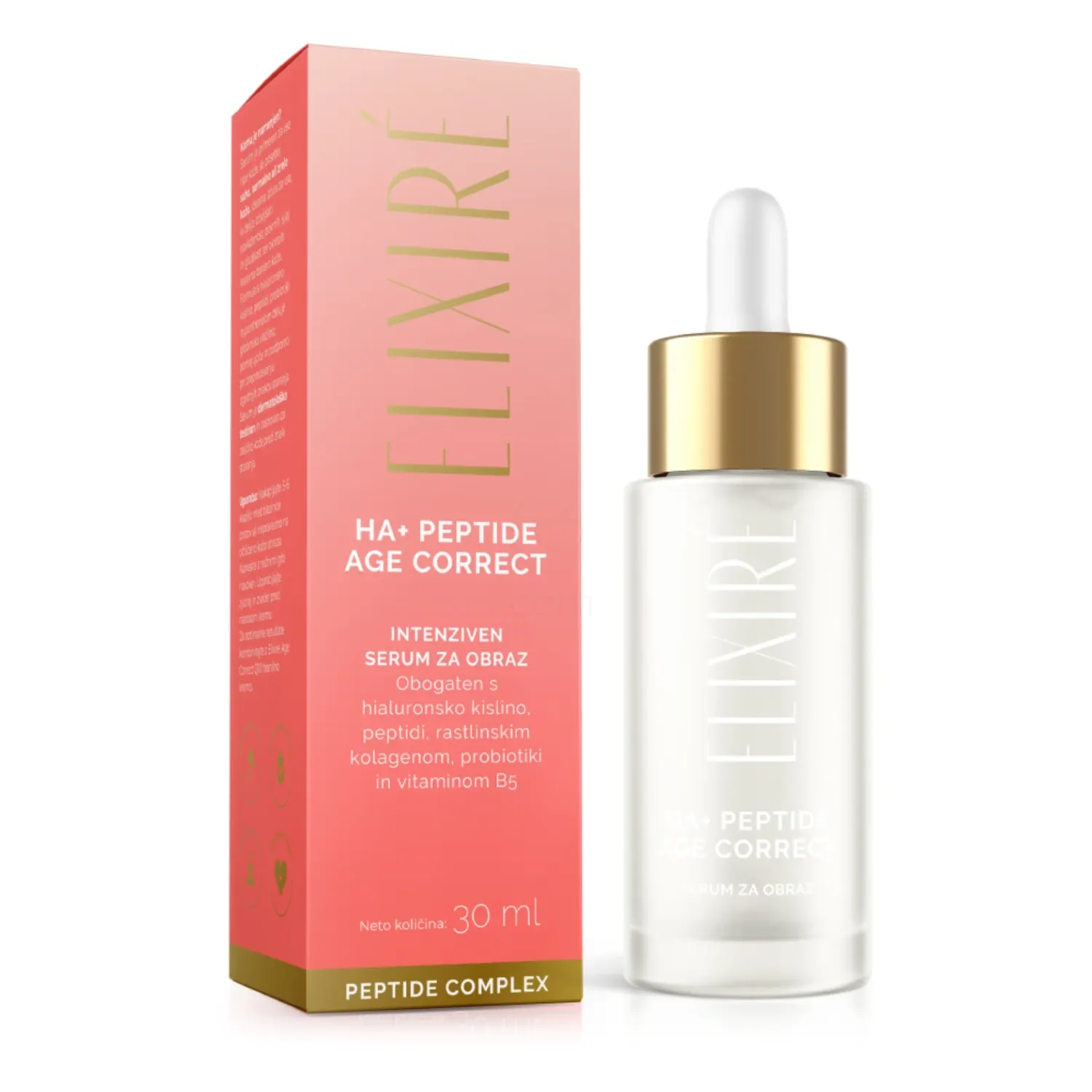 Elixiré HA+ Peptide Age Correct serum, za intenzivno vlaženje in prožnost kože (30 ml)