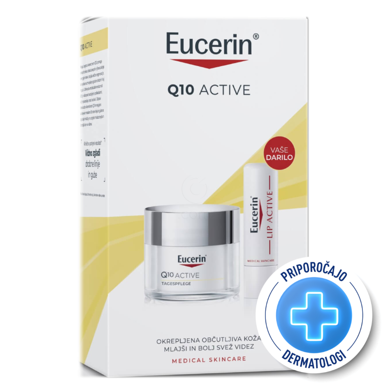 Eucerin Q10 Active Xmas Set, dnevna krema in balzam za ustnice - ZF 20 (50 ml + 4,8 g)