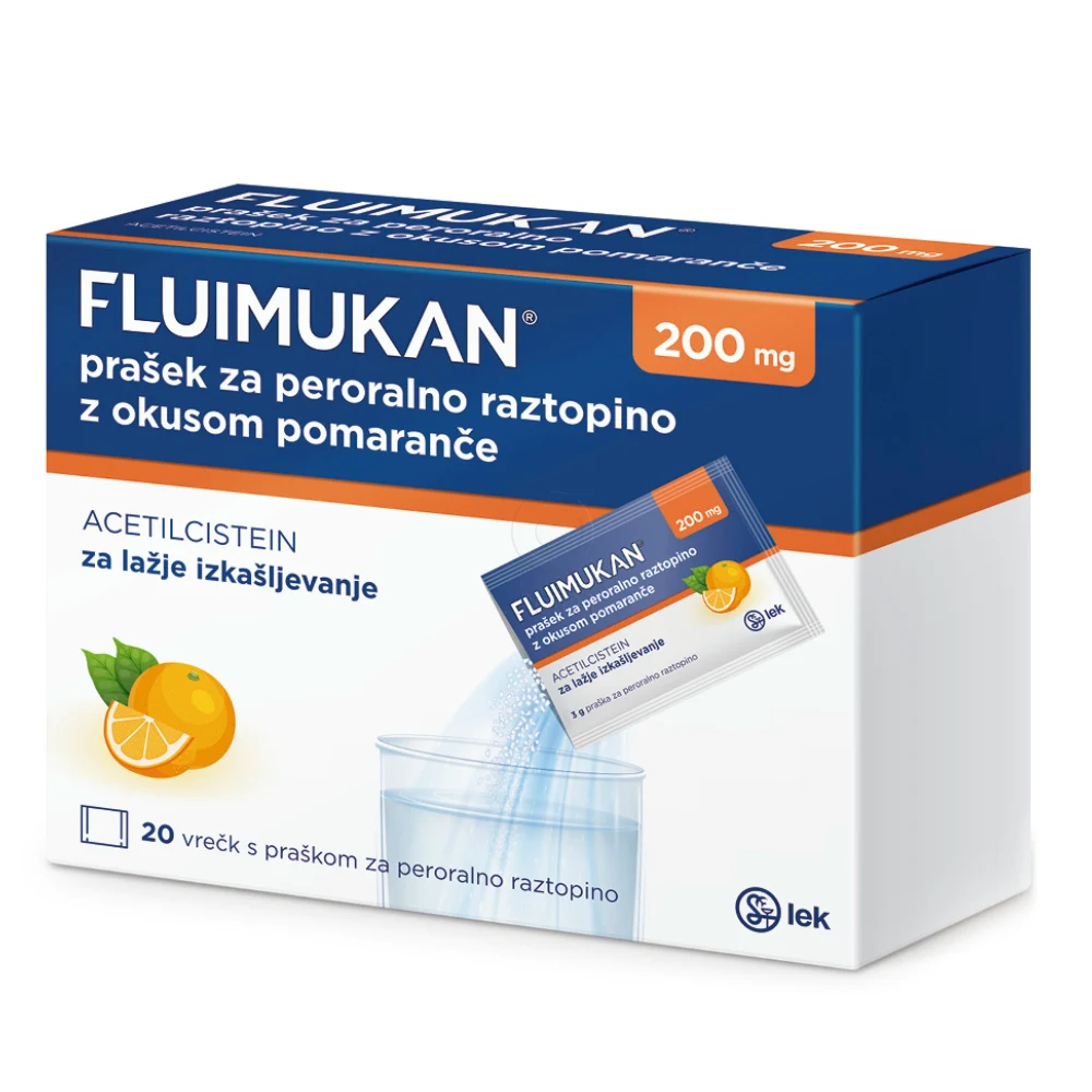 Fluimukan 200 mg, prašek za peroralno raztopino z okusom pomaranče (20 x 3 g)