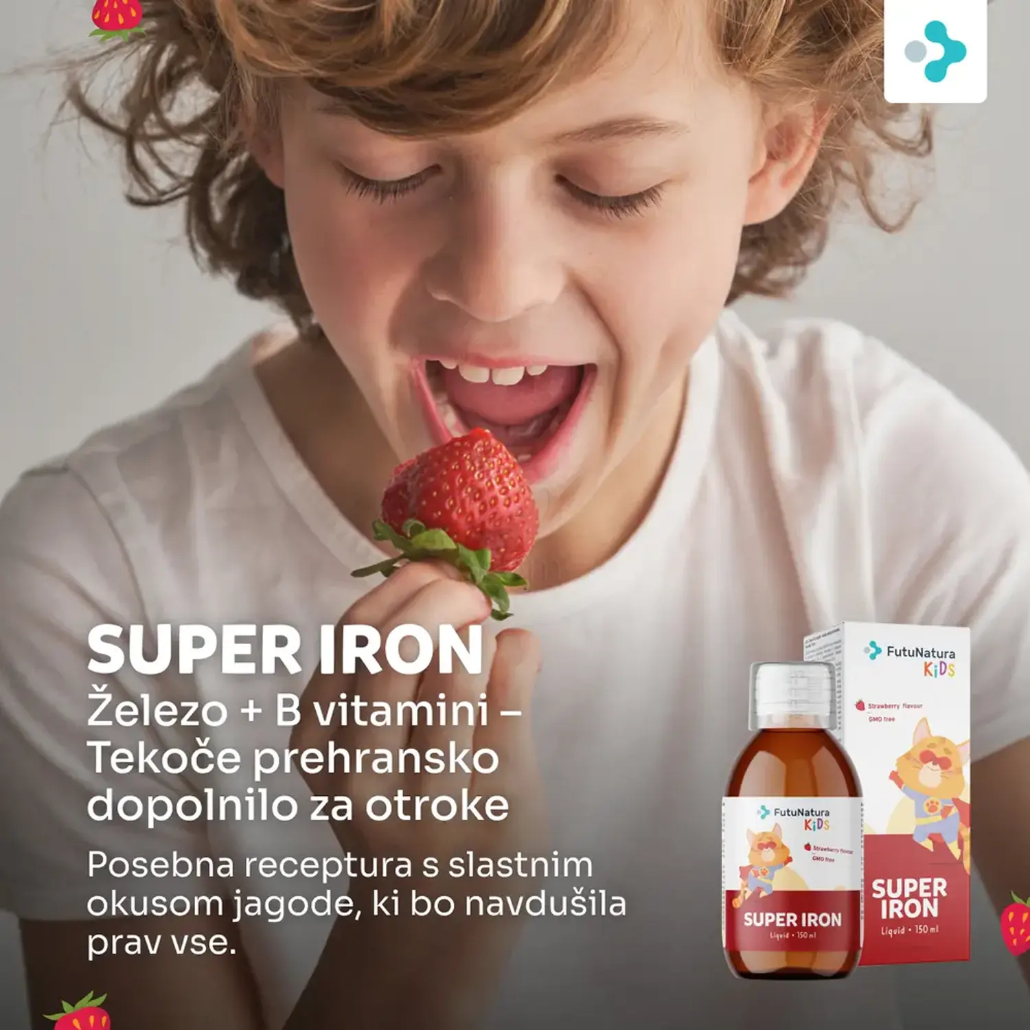 FutuNatura KIDS Super Iron - železo 13,2 mg in vsi vitamini B kompleksa v 20 ml dnevnega odmerka